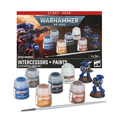 Space marines, intercessors kit 2 miniaturi nepictate, 6 vopseluri si 1 pensula, warhammer 40.000, model 60-11